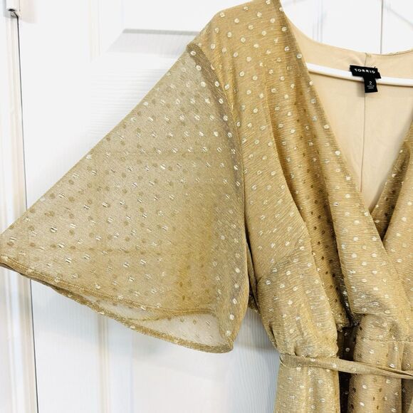 New Torrid Gold Metallic Polka Dot Mesh Wrap Dress Holiday Party Women's Size 2 - Picture 6 of 7